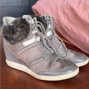 Y-3 Women's Gray High-Top Sneakers with Fur Trim
